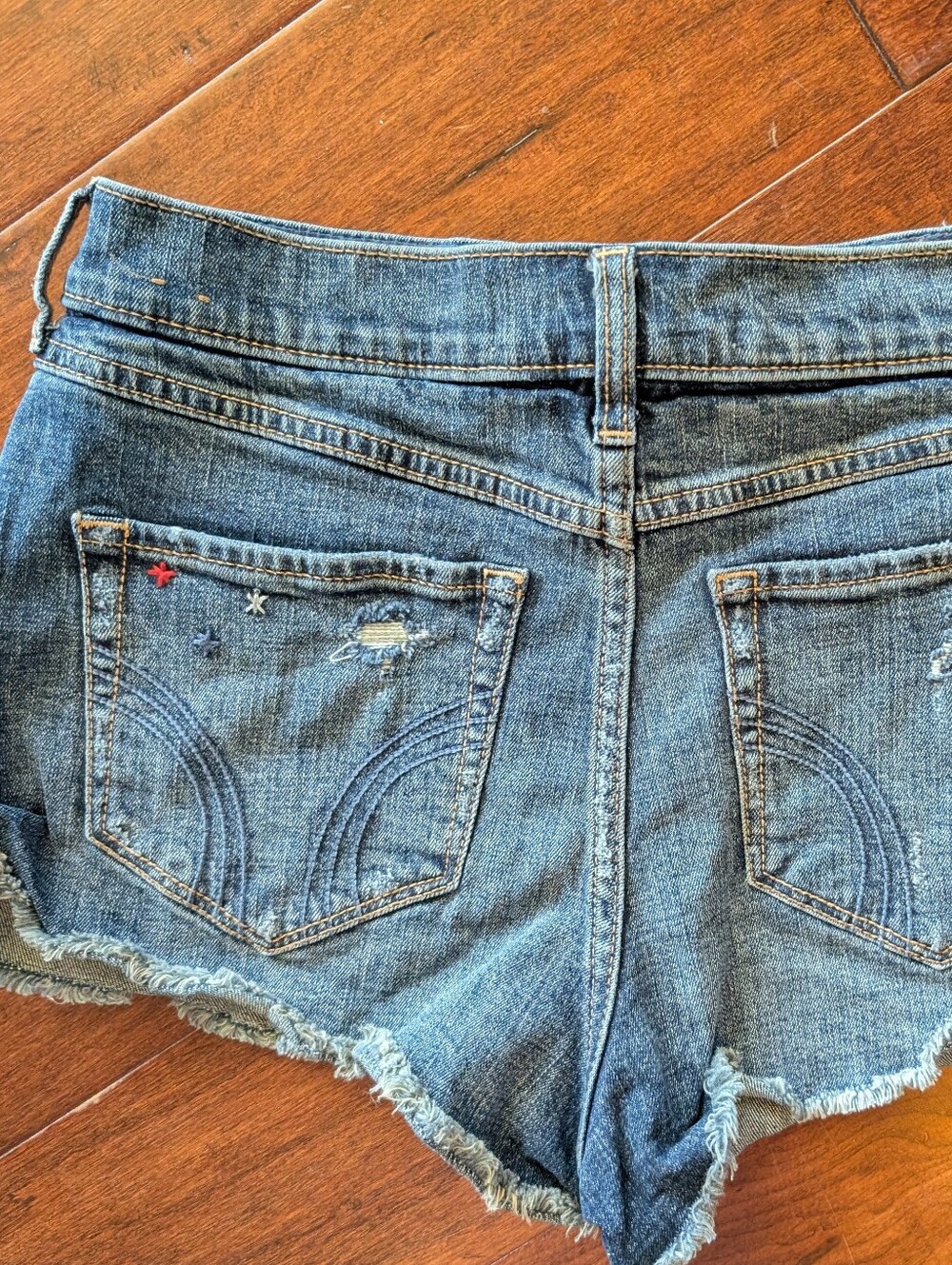 Hollister Red White Blue Stars Embroidered Distressed Denim Y2K Short Shorts